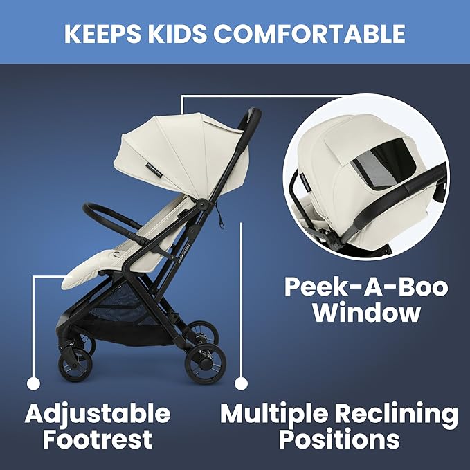 Delta Children Icon Ultra Compact Lightweight Everyday & Travel Stroller - One-Hand Fold - Only 15.6 Pounds - Fits in Overhead Compartments - Greenguard Gold Certified - Multi-Position Recline, Cream