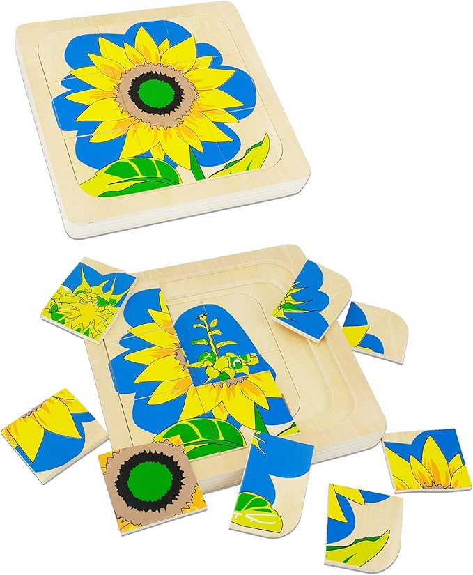 Montessori Wooden Puzzles for Kids Ages 4-8, 4 Layer Life Cycle Of Sunflower Jigsaw Puzzle for Toddlers, Children Preschool Learning Educational Puzzles Summer Toys Gift for Boys and Girls (Sunflower)