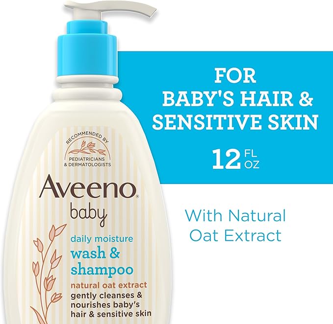 Aveeno Baby Daily Moisture Gentle Body Wash & Shampoo with Oat Extract, 2-in-1 Baby Bath Wash & Hair Shampoo, Tear- & Paraben-Free for Hair & Sensitive Skin, Lightly Scented, 12 fl. oz
