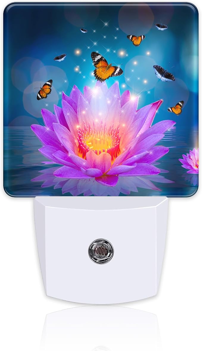 Purple Lotus Flowers Butterflies Night Light for Kids,Glowing Lotus Butterfly Night Light Plug in with Dusk to Dawn Sensor,0.5w Energy Saving Nightlight for Hallway Stairway Kitchen Bedroom