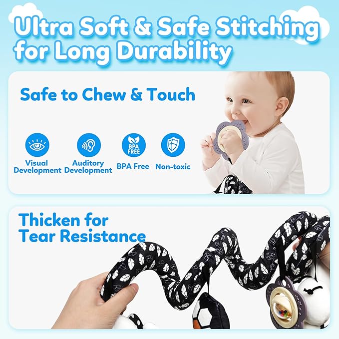 Baby Carseat Toy Black & White Rattle Spiral Hanging Activity Stroller Toy for Newborns Boys and Girls - Bear