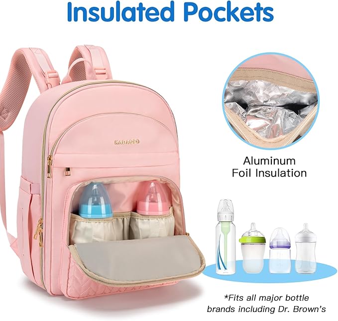 KABAQOO Baby Diaper Bag Backpack, Waterproof Diaper Backpack for Mom & Dad with Changing Pad, Insulated Pockets and Stroller Straps, Baby Shower Gifts for Girls & Boys, Pink