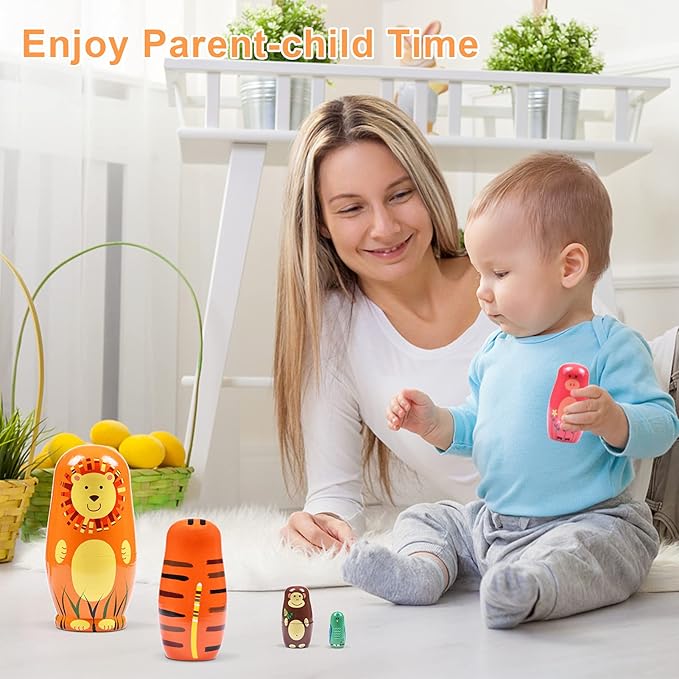 Russian Nesting Dolls, 5 Pcs 6 "Tall Animal Nesting Easter Eggs Toys, Stacking Wooden Handmade Matryoshka Dolls for Kids Toddlers Birthday or Home Decoration Gift (Round Lion)