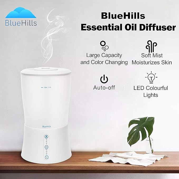 BlueHills Large 2000 ML XL Essential Oil Diffuser Premium Aromatherapy Humidifier for Big Room Home Long Run Extra Large Capacity for Huge Area 2 Liter 2L Color Changing Lights Cool High Mist White-S1