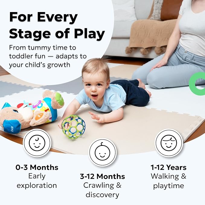 MioTetto Baby Play Mat, Comfortable Tummy Time Mat – Portable Foam Floor Tiles, Safe baby mat for floor for Crawling & Development, Soft play mat for babies 0-6 months, Stylish interlocking foam tiles