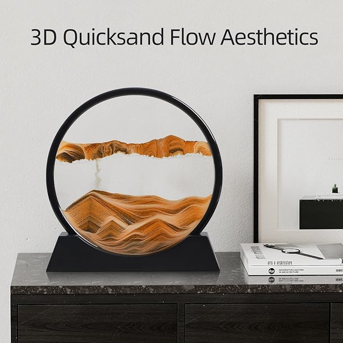 Moving Sand Art Liquid Motion, 3D Deep Sea Sandscape Color Quicksand Decor, Round Glass Moving Sand Art Picture Relaxing Desktop Home Office Work Decor (Orange, 12 inch)