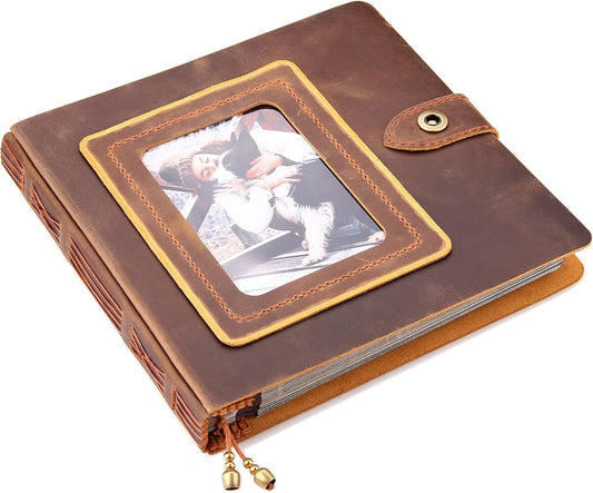 Robrasim Brown Leather Self-Adhesive Photo Album, 9.6x9.6x1.3 in, Holds 3x5, 4x6, 5x7, 6x8 Photos