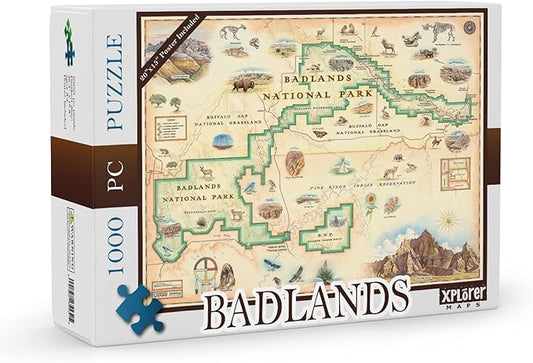 Badlands National Park Map Jigsaw Puzzle – 1000 Pieces, Hand-Drawn Artwork, Educational Family Puzzle, Includes Poster – 19.8” x 26.4”