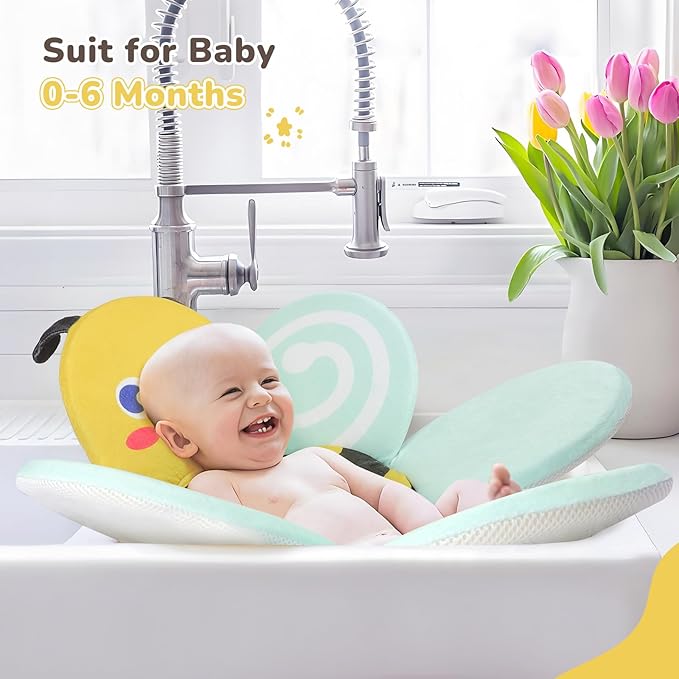 Baby Bath Pad for Infant Bathtub Sink, Non-Slip Flower Bathtub for Infants 0-6 Months, Soft Baby Sink Bath Cushion for Babies Bath Time, Newborns Bath Essentials Must Haves-Bee