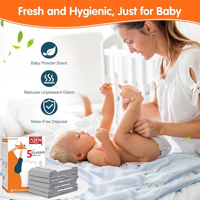 5 Pack Refills Compatible with DEKOR CLASSIC Diaper Pails | 20% Extra Length Diaper Pail Refill Bags Liners Holds 2970 Diapers | Ultimate Odor Control with Baby Scented