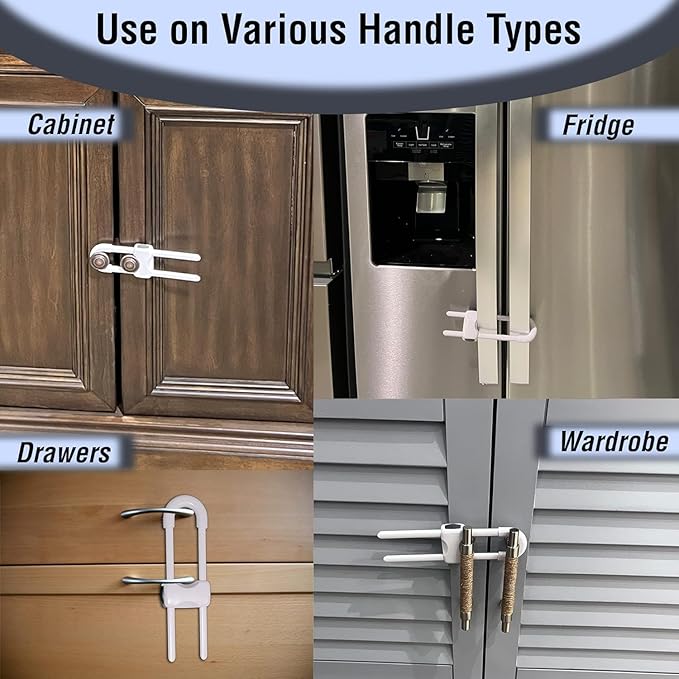 Sliding Cabinet Locks for Baby, Baby Proofing Adjustable U-Shaped Baby Safety Latches for Handles Knobs Drawers, Fridge, Closet, Cupboard, Closet with Secure Lock Buttons,2Pack (White)