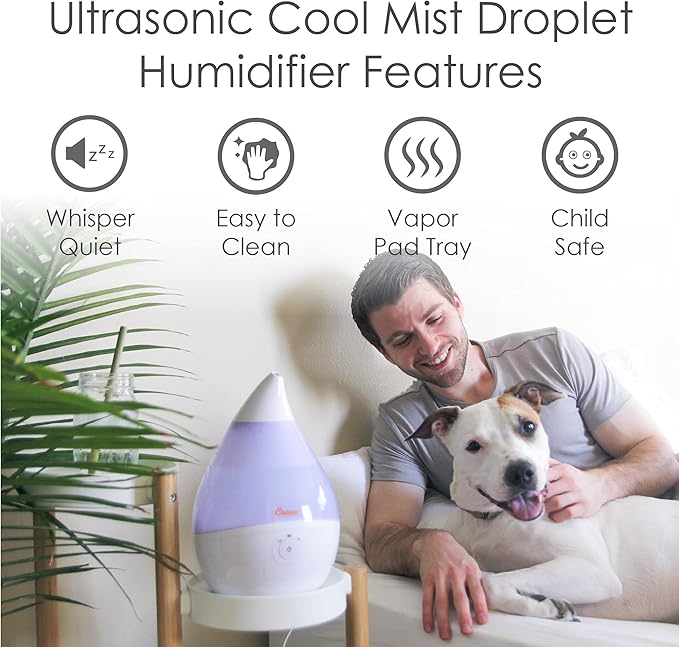 Crane Teardrop Ultrasonic Cool Mist Humidifier for Baby Nursery, 0.5 Gallon, Adjustable Settings, Essential Oil Diffuser White