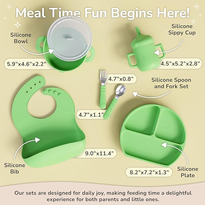 mimi & kiki BPA-Free Silicone Baby Feeding Set, Baby Plates and Bowls Set, Baby Led Weaning Supplies, Silicone Suction Plate, Baby Utensils, Bib and Cup, Self Feeding, Dishwasher Safe (Green)