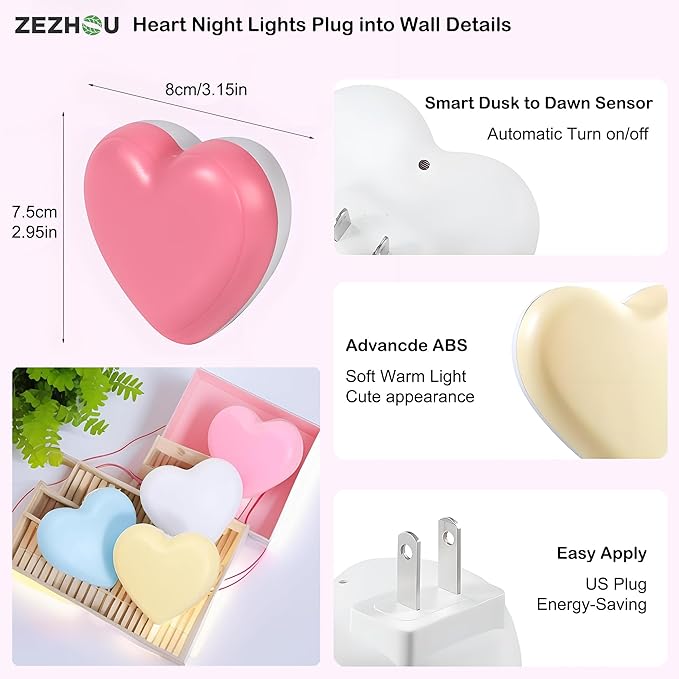 Night Lights Plug into Wall - Heart LED Night Light for Kids, Cute Nightlight Plug in with Auto On/Off Dusk to Dawn Sensor, Soft Warm Lamp for Bedroom, Nursery, Living Room, Bathroom, Hallway, Pink