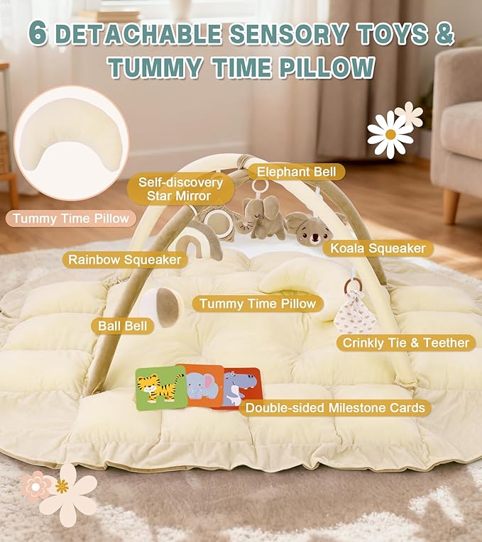 5-in-1 Baby Play Gym and Tummy Time Mat, Tummy Time Pillow & 12 Learning Cards, Plush Activity Mat with 6 Toys, Baby Gym, Convertible to Ball Pit & Pet Bed, Baby Gift, Cream