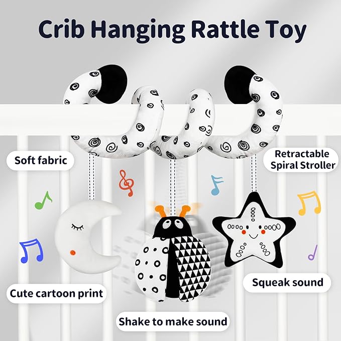 TSYAN Car Seat Toys for Babies 0-6 Months,Hanging Rattle Toys for Crib Mobile, Baby Spiral Hanging Stroller Black and White High Contrast Toys for Newborn 0 3 6 9 12 Months Baby Boys Girls (Bug)