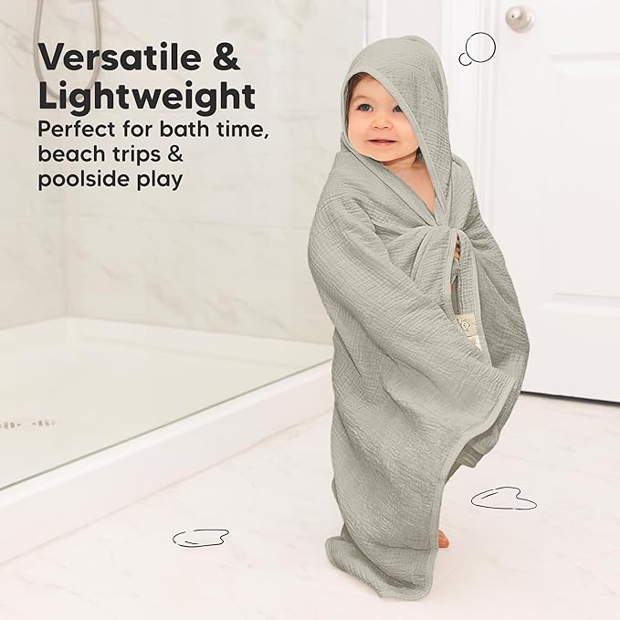 KeaBabies Muslin Hooded Baby Towels for Newborn Girls, Boys - 2-Pack, 30x30 Organic Cotton Baby Bath Towels Hooded, Soft Absorbent, Toddlers, Kids, Infant, Newborn Bath Essentials (Steel, Petite)