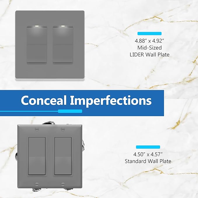 LIDER Matte Finish Decorator Switch Cover, Screwless Wall Plate, Mid-Size 2-Gang 4.88" x 4.92", Unbreakable Polycarbonate Thermoplastic, UL Listed, LSWP-32M-GY, Gray