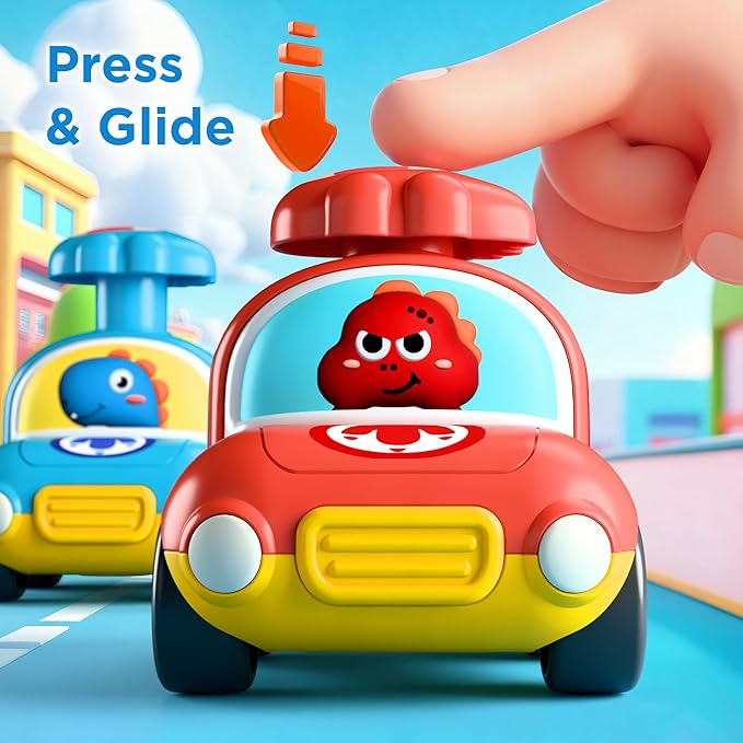 iPlay, iLearn Press to Go Dinosaur Car Toys for Toddlers 1-3, Baby Play Race Vehicle Set, Infant Boy Push Go Friction Toy, 4pcs Animal Car for 12 18 24 Month, 1st Birthday Gift for 1 2 3 Yr Kid Child