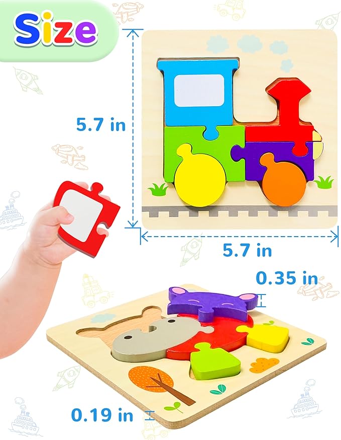 Yetonamr Wooden Toddler Puzzles Gifts Toys for Boys Girls, 12 Vehicle Shape Montessori Toy Educational Blocks Kids Toys Gift Baby Learning Toy