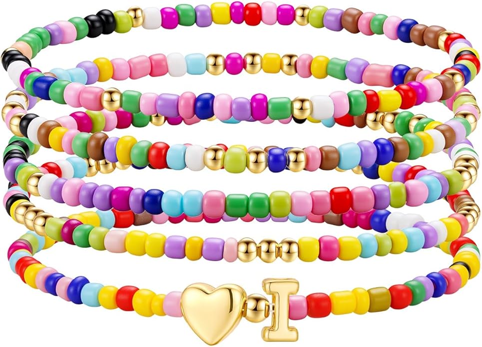 M MOOHAM Stocking Stuffers for Kids Girls Teen - 5PCS Colorful Beaded Initial Bracelets for Women Girls, Cute Stretch Heart Letter Bohemian Stackable Bracelet Birthday Gifts Jewelry for Kids Teen Girl