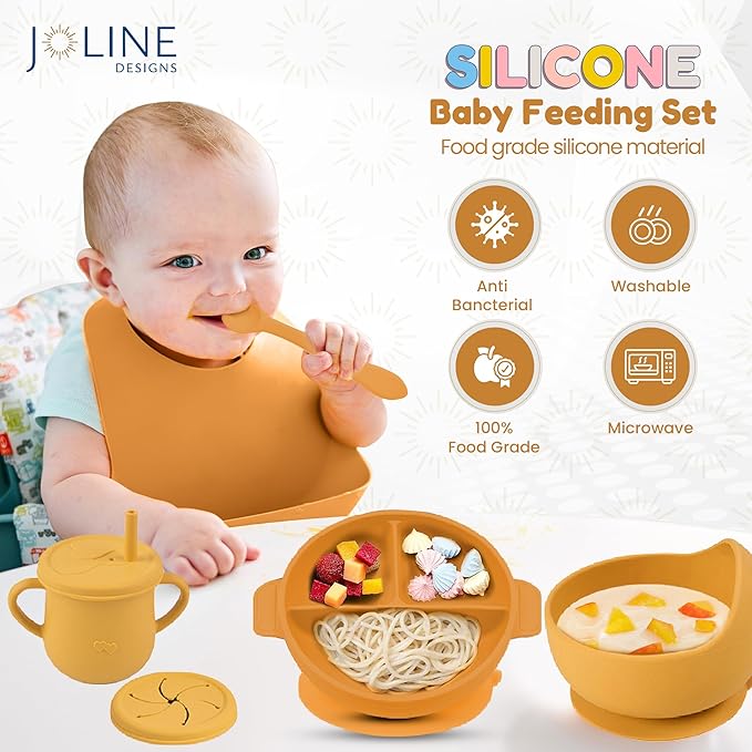 Silicone Baby Feeding Set - Perfect silicone plates for baby & Toddler Plates with lid, Baby Bowls with Suction, Baby Utensils - Baby Led Weaning Supplies & Eating Essential - (Yellow)
