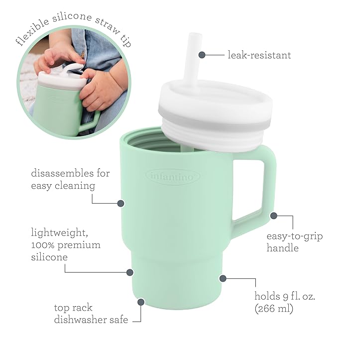 Infantino My 1st Tumbler, Silicone Sippy Cup with Straw & Handle, Spill-Resistant Baby Cup for On-the-Go, BPA-Free Transition Bottle, Mint