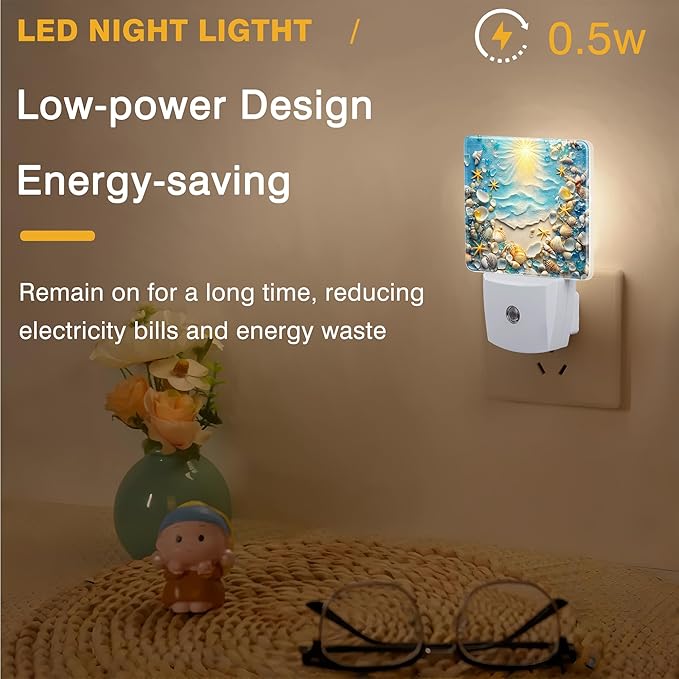Night Light Seashells and Seastars on Sand Night Lights Plug into Wall Smart Dusk to Dawn Sensor 0.5W Energy Efficient Led Lamp for Men Women Bedroom Bathroom Hallway Stairway Decor