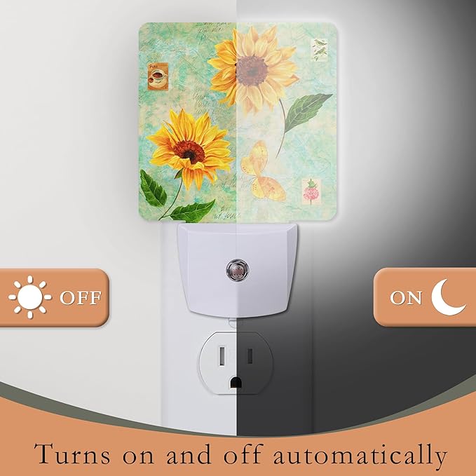 Vintage Sunflowers Night Light Plug into Wall,Butterfly Night Light with Dusk to Dawn Sensor Night Light for Kid Girls Boys Women Men Room Decor,Hallway,Kitchen,Bathroom,Nursery,Stairs