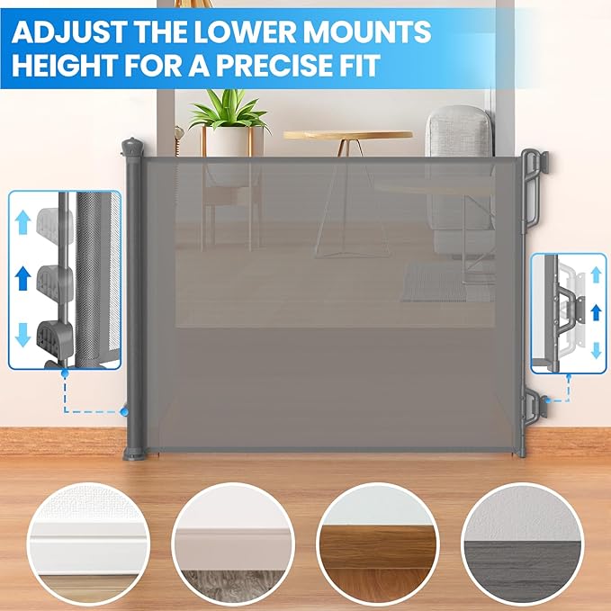 Retractable Baby Gate for Stairs & Doorways - 55" Wide Portable Safety Gate | Fits Baseboards, Easy to Use Indoor/Outdoor | Mesh Gate for Dogs, Puppies, Gray