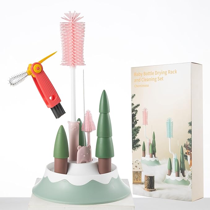 Chemimoso Baby Bottle Drying Rack and Cleaning Set, with Straight Silicone Baby Bottle Brush, Pacifier Brush, Straw Brush, Cup Lid Cleaning Brush, 2025 Xmas Holiday Surprise Gift for Newmom, Z Pink