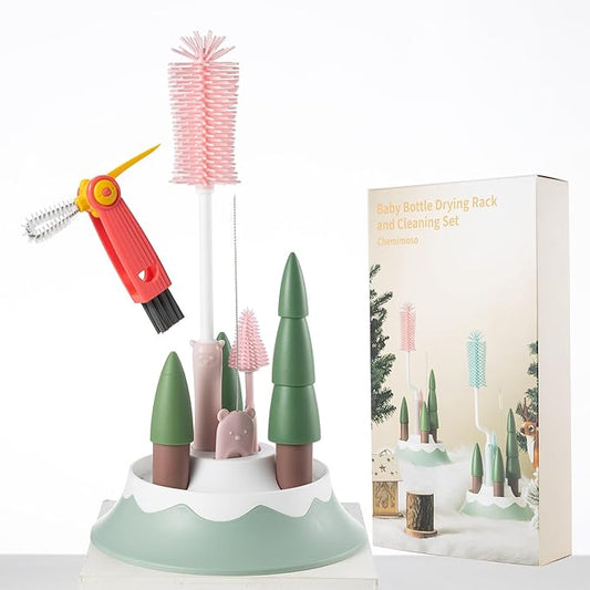 Chemimoso Baby Bottle Drying Rack and Cleaning Set, with Straight Silicone Baby Bottle Brush, Pacifier Brush, Straw Brush, Cup Lid Cleaning Brush, 2025 Xmas Holiday Surprise Gift for Newmom, Z Pink