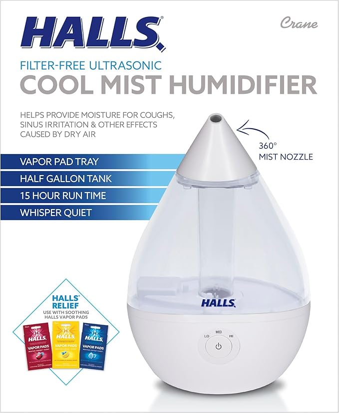 Crane x HALLS Droplet Ultrasonic Small Air Humidifiers for Bedroom and Office, 0.5 Gallon Cool Mist Humidifier for Plants and Home, Humidifier Filters Optional