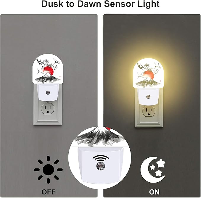Red Sun Fuji Mountain and Storks Night Light Plug into Wall, Ink Landscape Painting Dusk to Dawn Night Light Plug in,0.5w Energy Saving Sleep Friendly NightLight for Kids Boys Girls Home Decor