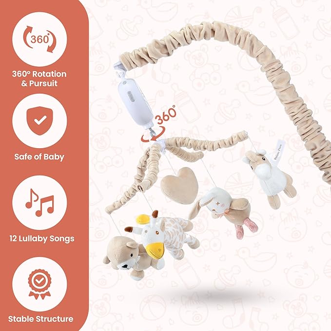 Musical Crib Mobile with 12 Lullabies, Rotating Arm and Detachable Plush Toys, Unisex Clip On Mobile for Standard Cribs, Baby Safe Materials for Sensory Development & Early Growth