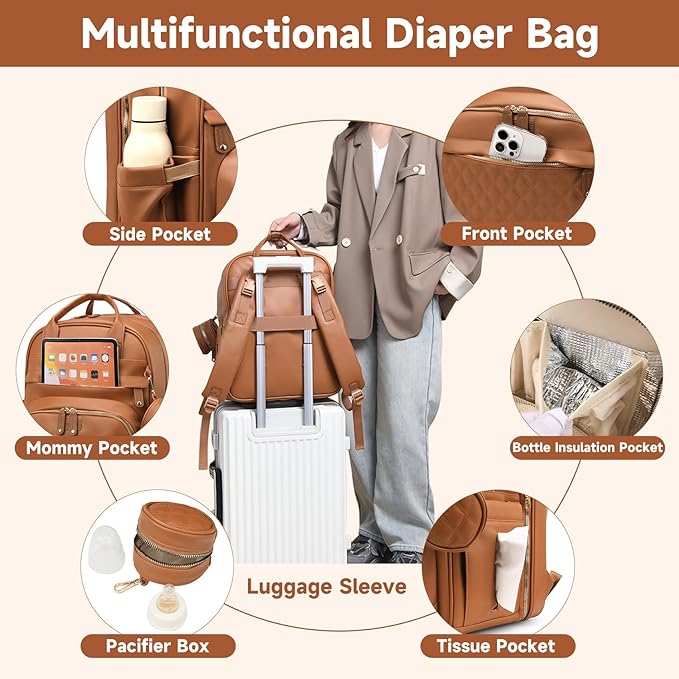 Leather Diaper Bags with Changing Station，Baby Bag，Large Capacity Diaper Bag Backpack for Moms Dads,Waterproof Diaper Backpack（Brown）