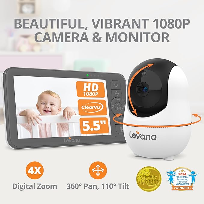 Levana Nala 5.5" HD Video Baby Monitor, 1080P Night Vision PTZ Camera, 22 Hour Battery Life, 5000mAH Battery, No WiFi, Two-Way Talk, 1000ft Range, Carrying Case, 2 Year Warranty