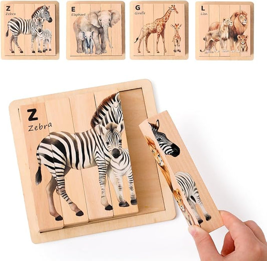 4 in 1 Wooden Animal Chunky Puzzle, 5 Solid Wood Puzzle Blocks with 4 Sides Realistic Safari Animals, Wooden Block Puzzle with Durable Base for Toddlers 3+ Years - Montessori Inspired