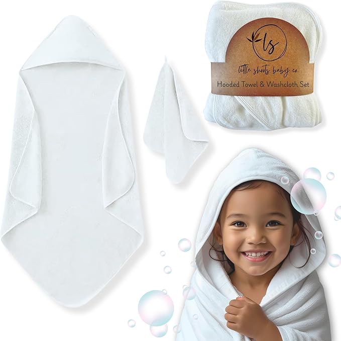 Hooded Baby Toddler Towel and Washcloth Set Made with Viscose from Bamboo, Large Size of 35" x 35", Soft and Absorbent, Baby Essential in White