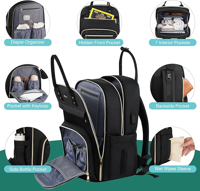 MOMUVO Diaper Backpack for Women Large Capacity with Insulated Pockets Diaper Bags For Baby Girl Boy Waterproof Baby Bags