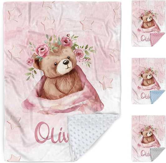 Custom Baby Blanket for Girls, Personalized Baby Blankets with Name, Soft Flannel Double Layer Receiving Swaddle Blanket, Pink Heart Bear Monogram Birthday Gifts for Infants Toddlers(60"x80")