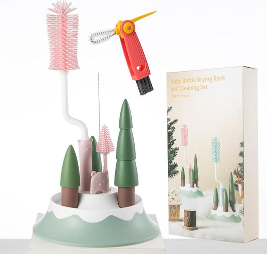 Chemimoso Baby Bottle Drying Rack and Cleaning Set, with Spinning Silicone Baby Bottle Brush, Pacifier Brush, Straw Brush, Cup Lid Cleaning Brush, 2025 Xmas Holiday Surprise Gift for Newmom, Pink