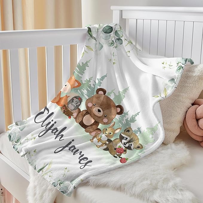 J&SBGFT Personalized Baby Blanket for Boys,Custom Baby Blanket with Name, Customized Name Blanket Receiving Blankets for Toddlers Kids Nursery Stroller Crib Decor Throw,Woodland Animal