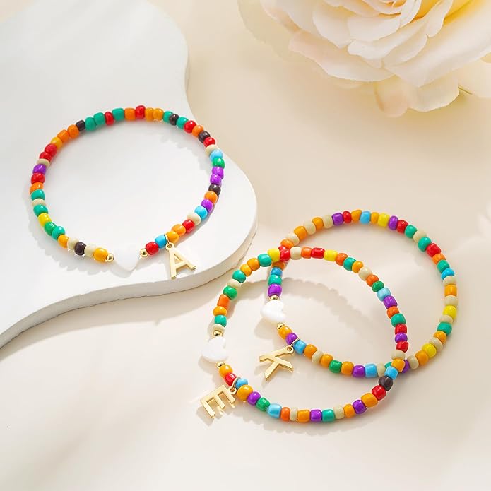 Christmas Gifts for Grandkids Teens Girls - Cute Beaded Heart Initial Bracelets for Women Teen Girl Trendy Stuff, Birthday Gifts Stocking Stuffers for Teen Girls Women Jewelry