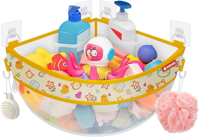 UNEEDE 4.32 Gallons Duck Print Corner Mounted Bath Toy Storage Holder, Yellow Mesh Shower Caddy for Bathtub Organizer, Quick Dry Holder