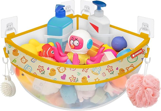 UNEEDE 4.32 Gallons Duck Print Corner Mounted Bath Toy Storage Holder, Yellow Mesh Shower Caddy for Bathtub Organizer, Quick Dry Holder