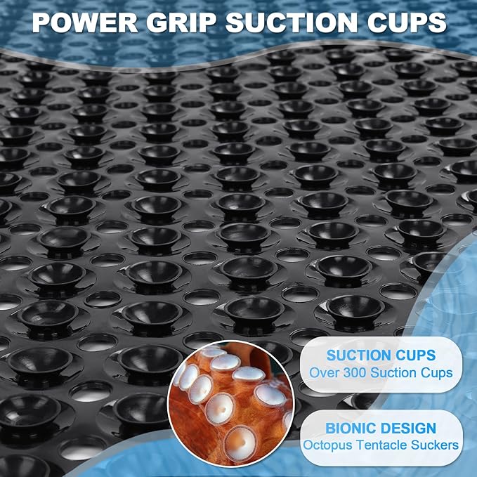 Linoows Bathtub and Shower Mats, 40x16 Inch Extra Large Non Slip Soft Bath Tub Mat with Suction Cups and Drain Holes for Bathroom Floor and Keep Tubs Clean, Machine Washable, Black