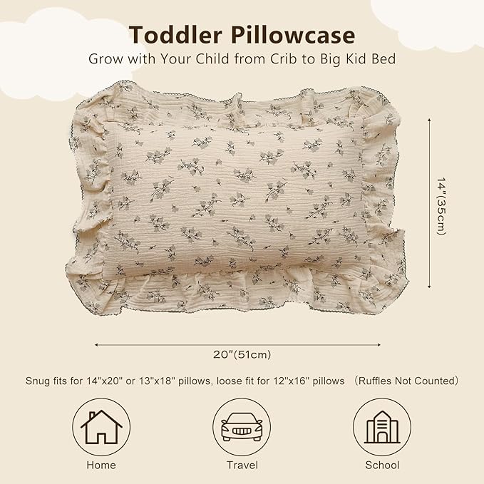 BuLuTu Cotton Muslin Pillowcase for Toddler Girls Boys Chic Shabby Floral Kids Pillow Case, Breathable Soft Durable Children Pillow Cover for Travel/Sleep, Hyacinth Pattern, 14"x20"