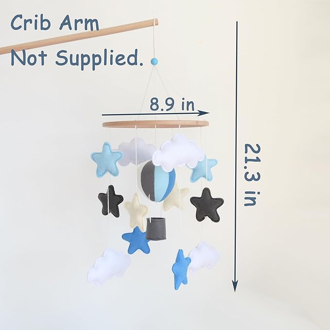 Sky Blue Hot Air Balloon Mobile for Crib Boho Baby Crib Mobile for Boys Girls Stars & Clouds Hot Air Balloon Baby Mobile for Crib