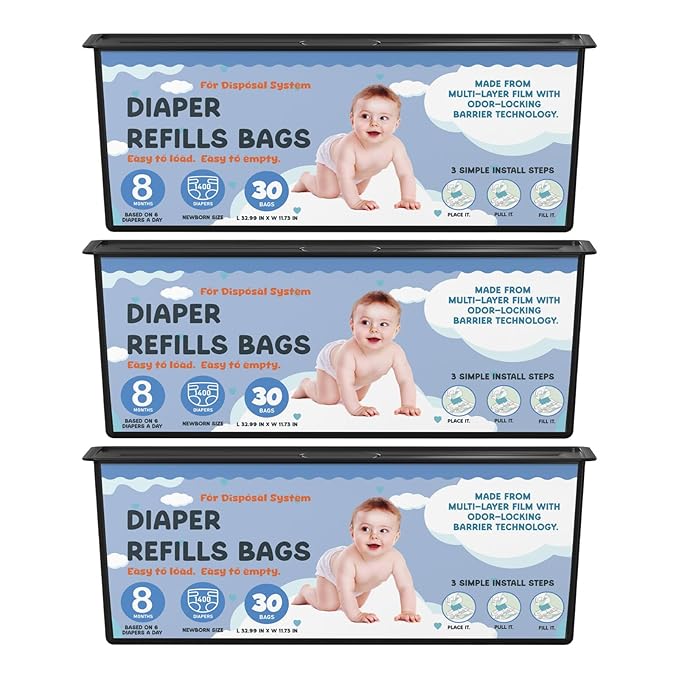 Diaper Pail Refills Bags with 30 Bags Compatible with Genie Easy Roll Signature Diaper Pails and Platinum Diaper Pails, Lasts Up to 8 Months, 7-Layer Odor-Barrier Technology, 3 Pack (90 Bags)